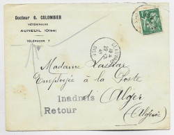 FRANCE IRIS 1FR VERT LETTRE BEAUVAIS 29.7.1940 OISE POUR ALGERIE + INADMIS RETOUR - Guerra De 1939-45