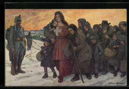 Künstler-AK Schweizer Bundesfeier 1915, Frau Begleitet Flüchtlinge Durch Den Schnee, Ganzsache  - Postwaardestukken