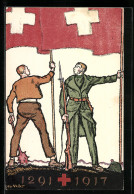 Künstler-AK Schweizer Bundesfeier 1917, Soldat Und Bürger Hissen Die Flagge Des Landes, Ganzsache  - Enteros Postales