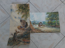 2 Aquarelles De Paysages Birmans (signature A Dechiffrer) - Aquarel
