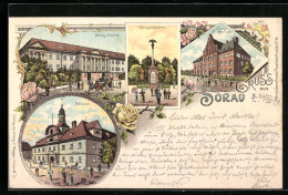 Lithographie Sorau I. N.-L., Rathaus, Kriegerdenkmal, Königl. Gymnasium  - Sonstige & Ohne Zuordnung