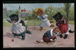 Künstler-AK Arthur Thiele: Vermenschlichte Katzenkinder Spielen Auf Der Strasse  - Thiele, Arthur