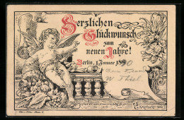 Lithographie Berlin, Neujahrsgruss 1890 Mit Engel, Private Stadtpost Berl. Omnibus Packetfahrt, Früher Druck  - Timbres (représentations)