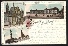 Lithographie Würzburg, Neumünster-Kirche, Residenz, Brunnen Und Franken-Warte  - Würzburg