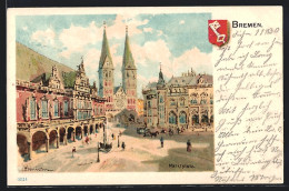 Künstler-Lithographie Karl Heinisch: Bremen, Marktplatz Mit Passanten, Wappen  - Other & Unclassified