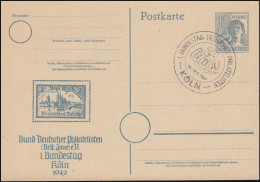 1. Bundestag Bund Deutscher Philatelisten SSt KÖLN 18.-19.9.47, Postkarte P 962 - Expositions Philatéliques