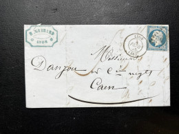 N°14 20c BLEU NAPOLEON SUR LETTRE / LYON POUR CAEN / 4 FEVR 1855 / LAC - 1849-1876: Période Classique