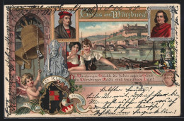 Lithographie Würzburg, Stadtansicht Mit Schloss, Tiepolo, Riemenschneider, Wappen, St. Kilian, Engel Mit Glocke  - Würzburg