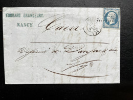 N°14 20c BLEU NAPOLEON SUR LETTRE / NANCY POUR CAEN / 10 FEVR 1855 / LAC - 1849-1876: Klassik