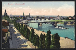 AK Dresden, Gesamtansicht Mit Brücke Und Dampfer, Strassenbahn  - Dresden