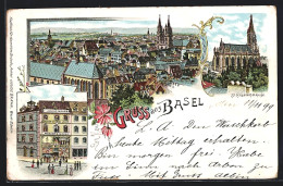 Lithographie Basel, St. Elisabethkirche, Geschäftshaus Julius Brann, Teilansicht über Kirchen Und Häuser  - Bâle