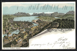 Lithographie Luzern, Totalansicht Mit Alpenpanorama  - Lucerna