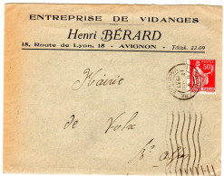 1937  "  Henri  BERARD  Entreprise De Vidanges  AVIGNON "  Envoyée à VOLX 04 - Storia Postale