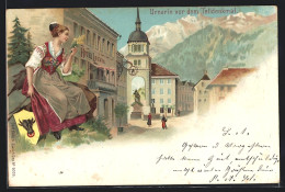 Lithographie Altdorf, Hotel Loewen, Urnerin Vor Dem Telldenkmal  - Altdorf