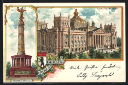 Lithographie Berlin-Tiergarten, Reichstagsgebäude, Siegessäule, Wappen  - Dierentuin