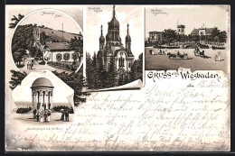 Lithographie Wiesbaden, Neroberg-Restaurant, Griechische Kapelle  - Wiesbaden