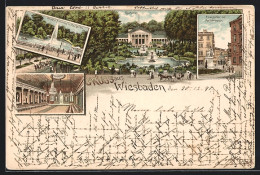 Vorläufer-Lithographie Wiesbaden, 1891, Kurhaus Und -garten, Kranzplatz, Kurhaus-Saal  - Wiesbaden