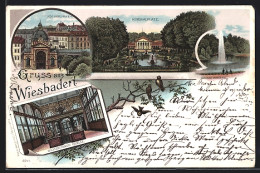 Lithographie Wiesbaden, Kochbrunnen, Kursaalplatz, Kochbrunnen-Quelle  - Wiesbaden