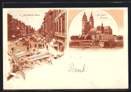 Lithographie Magdeburg, Strasse Breiter Weg Mit Café Und Strassenbahn, Dom Südseite  - Magdeburg