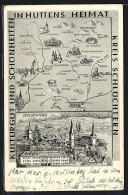 Künstler-AK Schlüchtern, Ortsansicht, In Huttens Heimat, Landkarte Schlüchtern Und Umgebung  - Schlüchtern