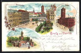 Lithographie Berlin, Lutherdenkmal, Rathaus Mit Blick Auf Den Alexanderplatz  - Mitte