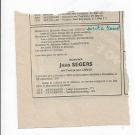 FP Nécrologie Yvonne Van Lerius épse Jean Segers Bruxelles 1987 - Obituary Notices