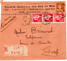 1934  Recommandé De GAP " Société GAZ DU MIDI " T P Bloc De 3 Type PAIX De 50c + Semeuse 25c  Envoyée à GAP - Covers & Documents