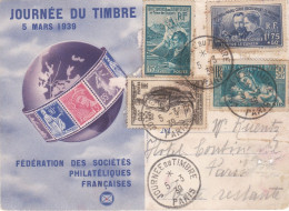 Journée Du Timbre 5 Mars 1939 Paris. Avec Timbres N°Y&T 402 - 417 - 419 - 420 (Carte Endommagée Par Le Temps) - ....-1949