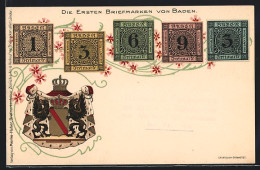 AK Baden, Ersten Briefmarken Mit Wappen  - Briefmarken (Abbildungen)