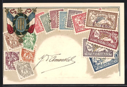 Präge-Lithographie Frankreich, Wappen Und Briefmarken  - Francobolli (rappresentazioni)