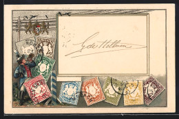 Präge-Lithographie Bayern, Wappen Und Briefmarken  - Briefmarken (Abbildungen)