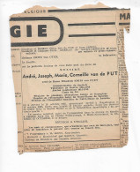 FP Nécrologie La Libre Belgique André Van De PUt Vf Elisabeth Smits Van Oyen Kapellenbos 1965 Volontaire De Guerre 14-18 - Obituary Notices