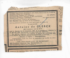 FP Nécrologie Germaine Van De Put épse Antoine De Clerck Anvers 1975 - Obituary Notices