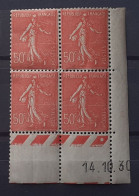 Semeuse 50 C. Lignée Rouge 199 En Bloc De 4 Coin Daté - 1903-60 Säerin, Untergrund Schraffiert