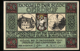 Notgeld Ohrdruf 1921, 50 Pfennig, Bonifatius Wird Von Papst Gregor II. Zur Bekehrung Beauftragt, Ortspartie Und Wappen  - [11] Emissioni Locali