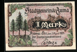 Notgeld Auma I. Thr. 1921, 1 Mark, Zwerg Betrachtet Einen Pilz Im Aum`schen Wald  - [11] Emissions Locales