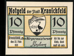 Notgeld Kranichfeld /Ilm 1921, 10 Pfennig, Niederburg (Weimarisches Schloss) Und Wappen  - [11] Emissions Locales