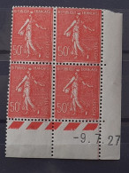 Semeuse 50 C. Lignée Rouge 199 En Bloc De 4 Coin Daté - 1903-60 Säerin, Untergrund Schraffiert