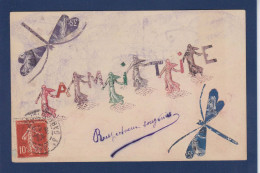 CPA Carte Faite à La Main Avec Des Timbres Découpés Circulée Montage Dessin Original - Briefmarken (Abbildungen)