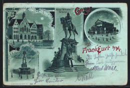 Mondschein-Lithographie Frankfurt A. M., Stoltze-Denkmal, Kaiser Wilhelm-Denkmal, Opernhaus  - Frankfurt A. Main