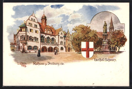 Künstler-AK Ludwig Zorn: Freiburg / Breisgau, Rathausansicht, Denkmal Berthold Schwarz, Wappen  - Other & Unclassified