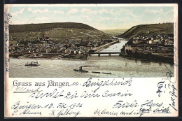 Lithographie Bingen / Rhein, Gesamtansicht Mit Brücken Und Frachtschiffen Aus Der Vogelschau  - Bingen