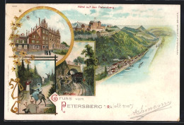 Lithographie Petersberg / Rhein, Zentralbahn, Hotel, Flusspartie  - Petersberg