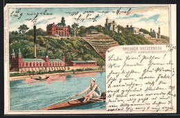 Lithographie Dresden, Wasserwerk Und Saloppe-Albrechtschlösser Mit Ruderboot  - Rudersport