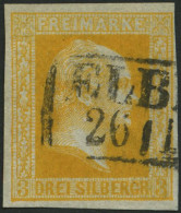 PREUSSEN 8ax O, 1857, 3 Sgr. Gelborange, Dünnes Papier, Pracht, Mi. 65.- - Gebraucht