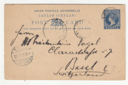 Ceylon Old QV UPU Postal Stationery Postcard Posted To Switzerland B240510 - Ceylon (...-1947)