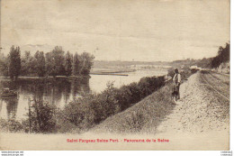 77 SAINT FARGEAU SEINE PORT Panorama De La Seine Bateau Homme Avec Son Chien Sur La Piste De La Voie Ferrée - Saint Fargeau Ponthierry