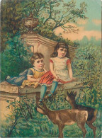 Véritable Chromolithographie : DEUX ENFANTS JOUANT AVEC DES CHEVREUILS. - Altri & Non Classificati