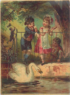 Véritable Chromolithographie : DANS UN PARC, ENFANTS JOUANT AVEC UN CYGNE. - Sonstige & Ohne Zuordnung