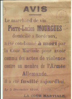 Fac-similé, Avis Fusillé à Sougé,  De M. MOURGUES, 5/12/1940,  Marchand De Vin, Voir Scann - Historical Documents